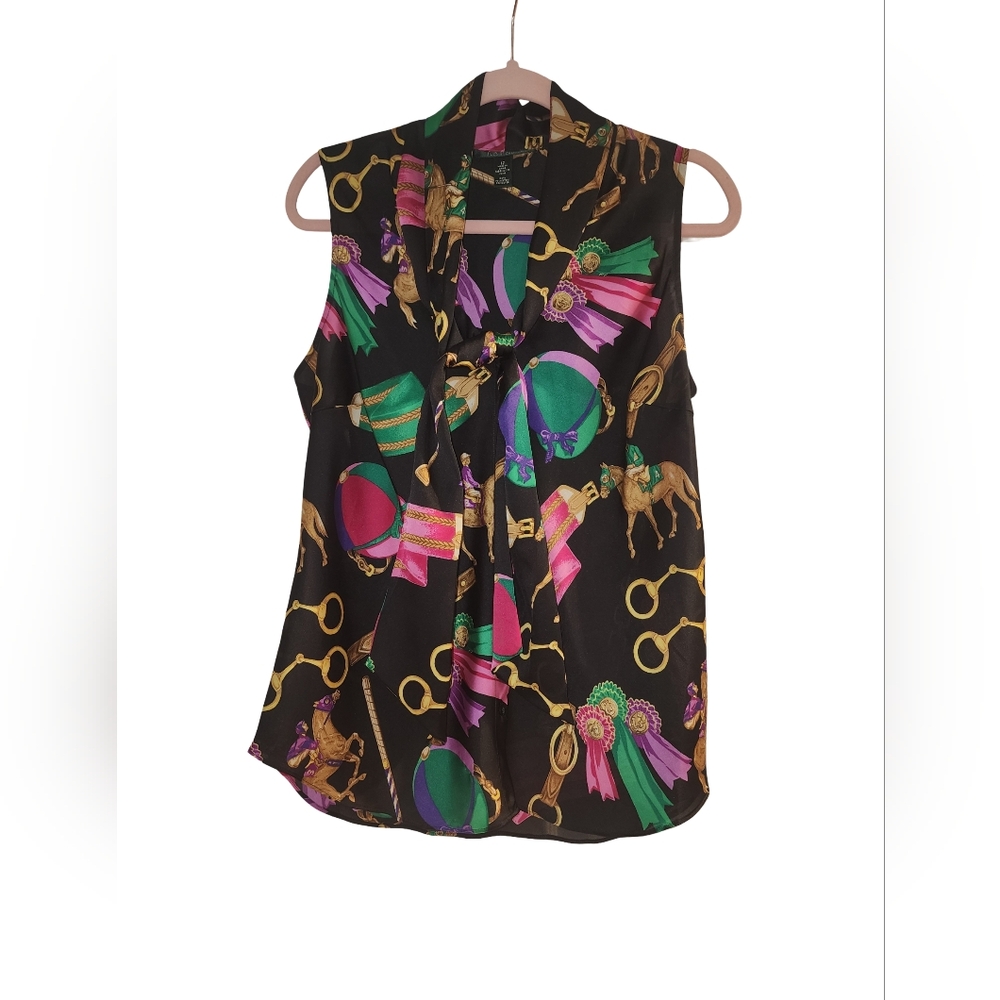 *RARE* Lauren Ralph Lauren Equestrian Polo Player Silk Shirt With Scarf Collar